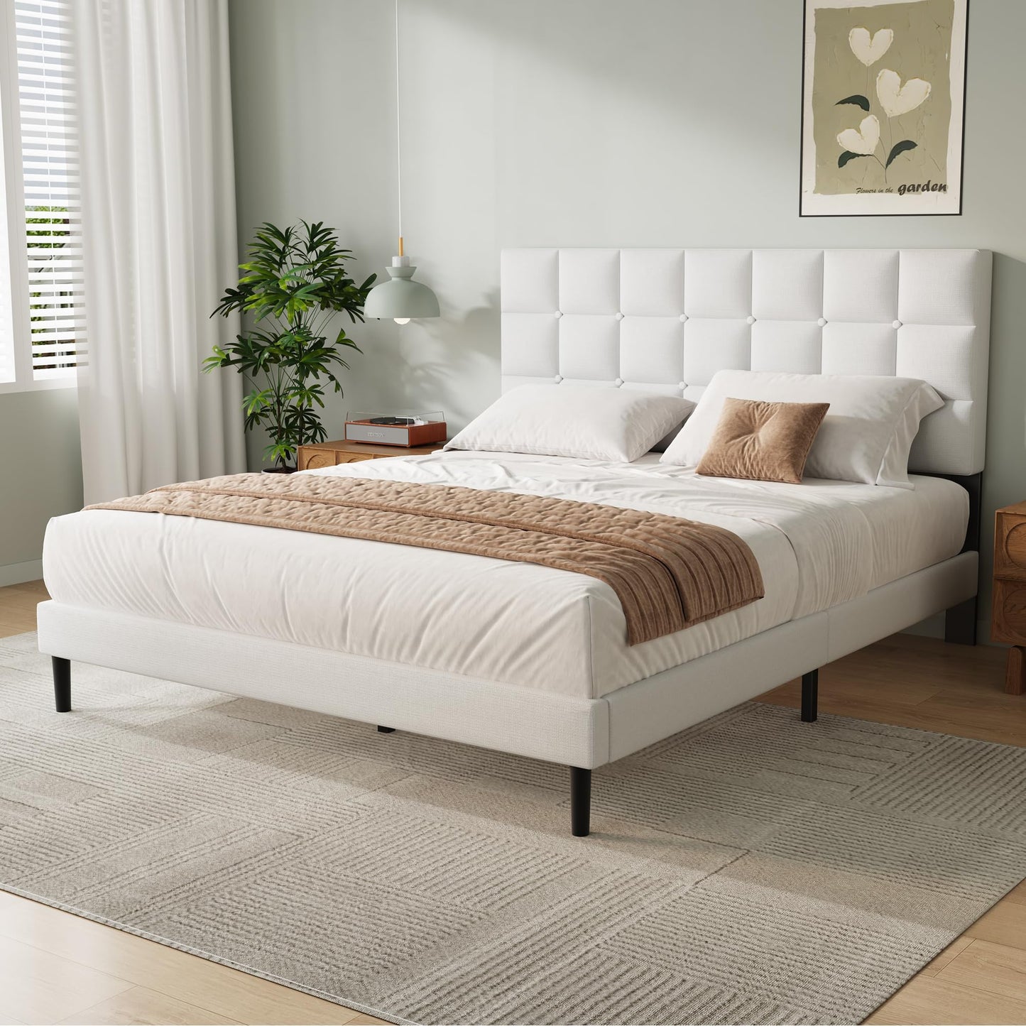 Yocreat King Bed Frame, Easy Assembly, Sturdy Wooden Slat Support, Upholstered Platform with Headboard, No Box Spring Needed, White King Bed 150×200