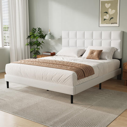 Yocreat King Bed Frame, Easy Assembly, Sturdy Wooden Slat Support, Upholstered Platform with Headboard, No Box Spring Needed, White King Bed 150×200