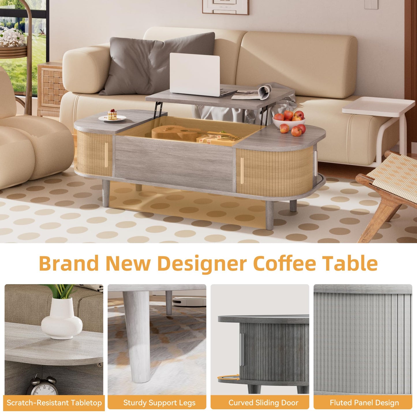 PURFINO Coffee Table with Lift Top - Wooden Modern Centre Table with Unique Textured & Hidden Storage, for Living Room, Bedroom, Small Space