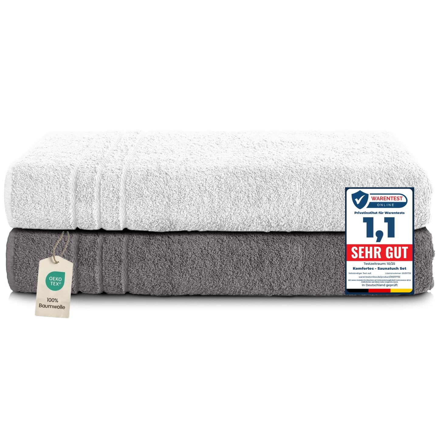 Komfortec Jumbo Bath Towels, 100% Cotton, Quick Dry, 80x200, Grey & White