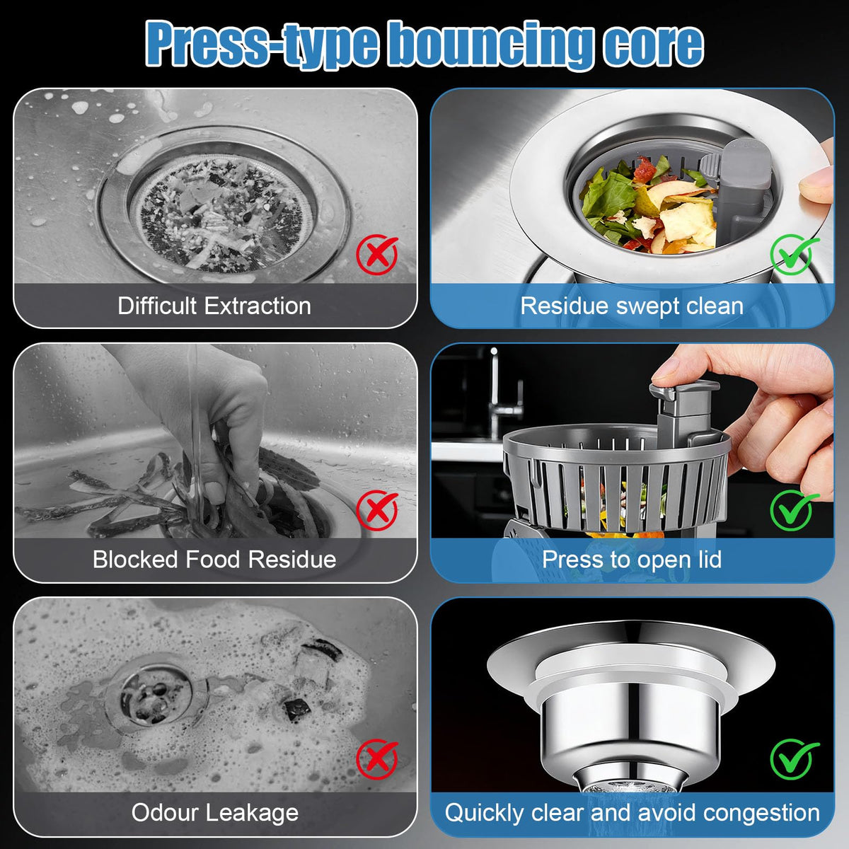 OneNine 3-in-1 Kitchen Sink Drain Strainer – Stainless Steel Sink Plug with Handle, Universal 71-81mm Sink Strainer Replacement