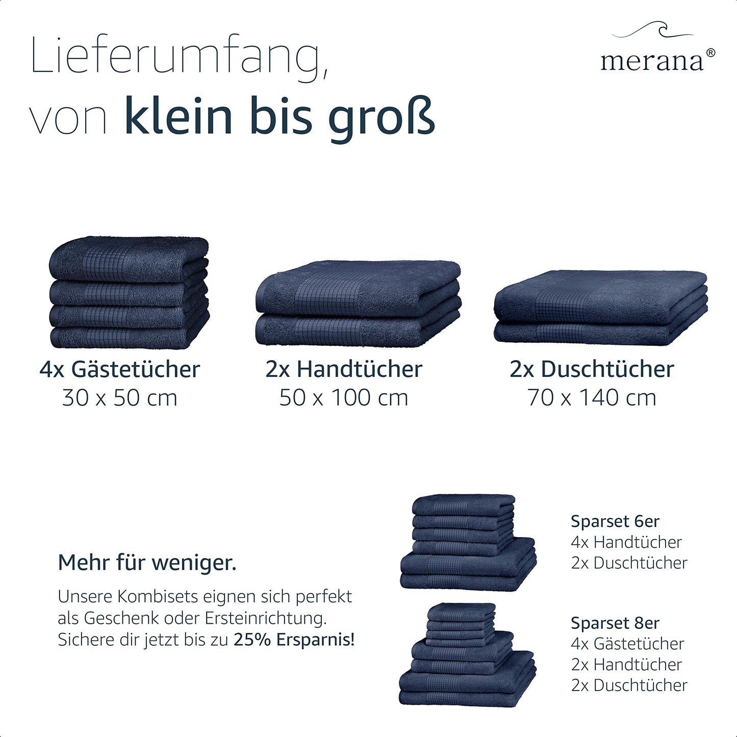 Merana Hand Towel Set Absorbent, Soft and Lint Terry Guest Towel Quality Heavy Organic Cotton 590 GSM, Pacific Blue, 6er Sparset | 4x Handtuch
