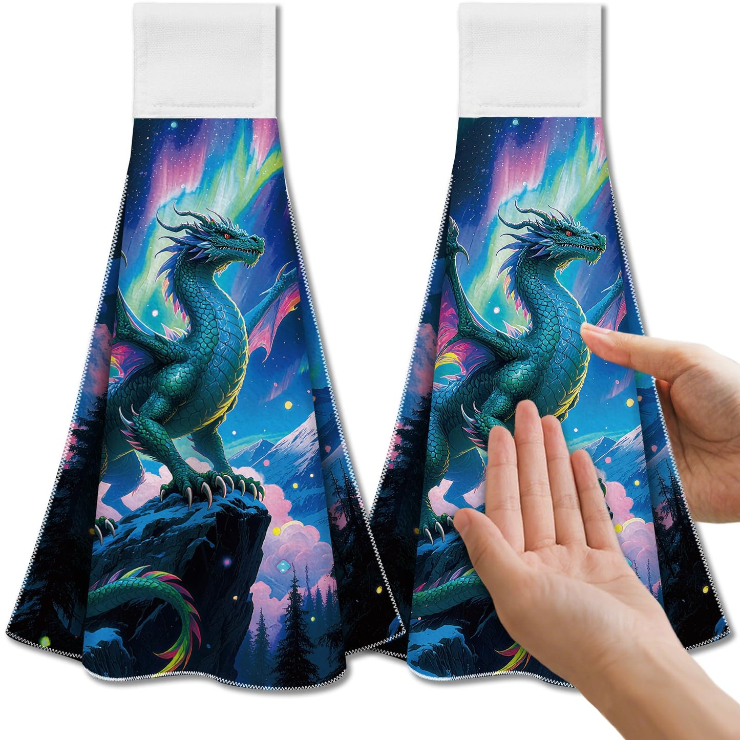 CUTHOLLOW 2Pcs Aurora Dragons Tea Towels for Kitchen with Loop, 31.5x43.5cm Soft Super Absorbent Microfiber Decorative Hanging Dish Towel, Tea, Coffee