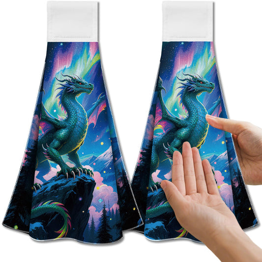CUTHOLLOW 2Pcs Aurora Dragons Tea Towels for Kitchen with Loop, 31.5x43.5cm Soft Super Absorbent Microfiber Decorative Hanging Dish Towel, Tea, Coffee
