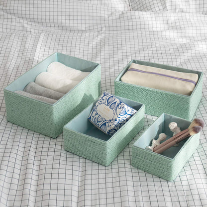 LA JOLIE MUSE Paper Rope Woven Storage Basket Set of 4 with Fabric Liner, Stackable Multipurpose Organizer Bin, Mint Green