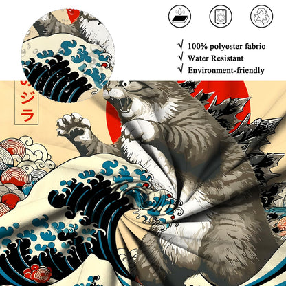 ASDCXZ Japanese Cat Shower Curtain 180x180 cm, Vintage Funny Japan Anime Cat Sun Wave Kids Animal Waterproof Bath Curtain Polyester Textile Washable
