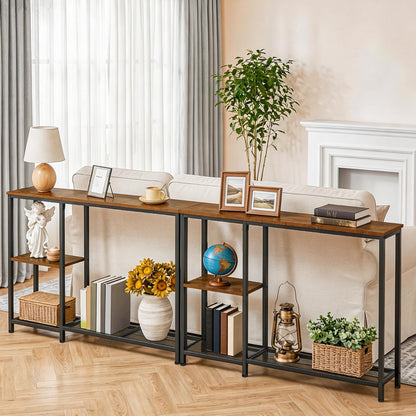 HOOBRO Narrow Console Table, 114 cm Behind Sofa Table with Shelves, Slim Hallway Table with Storage, Hallway Display Shelf, for Living Room, Foyer