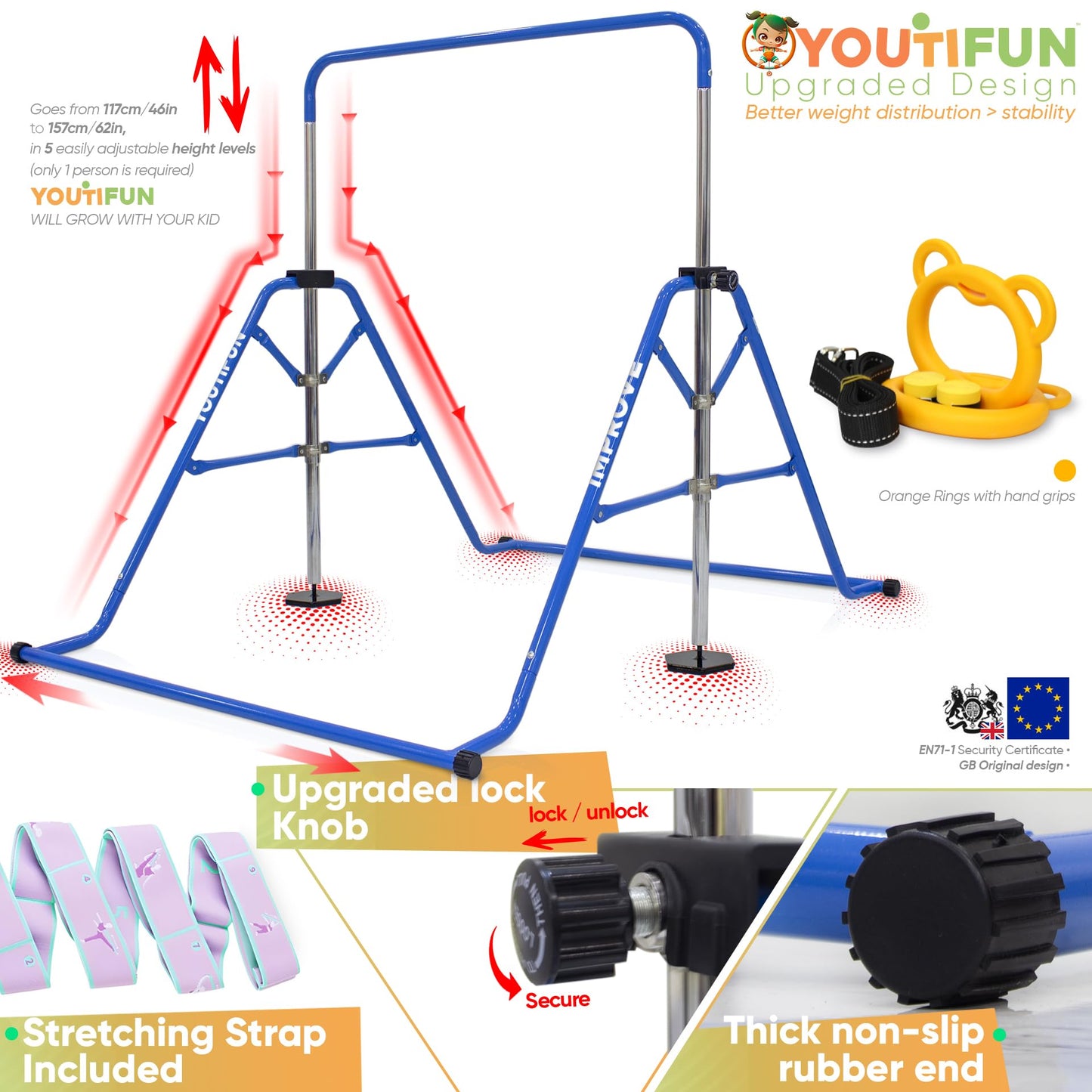 YOUTIFUN Gymnastics Bar, Kids Gym Equipment 5 Level Height Adjustable Pull Up Horizontal Gymnastic Bar, Gymnastics Equipment for Home for Girls & Boys