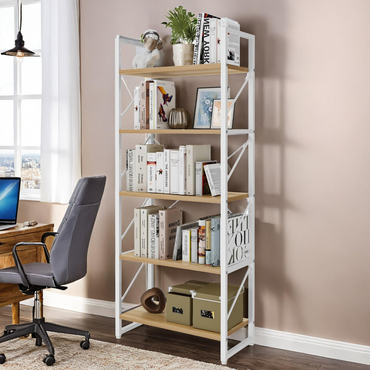 YITAHOME Bookshelf, 5 Tiers Bookcase Tall Book shelf with Metal Frame, Industrial Display Storage Rack