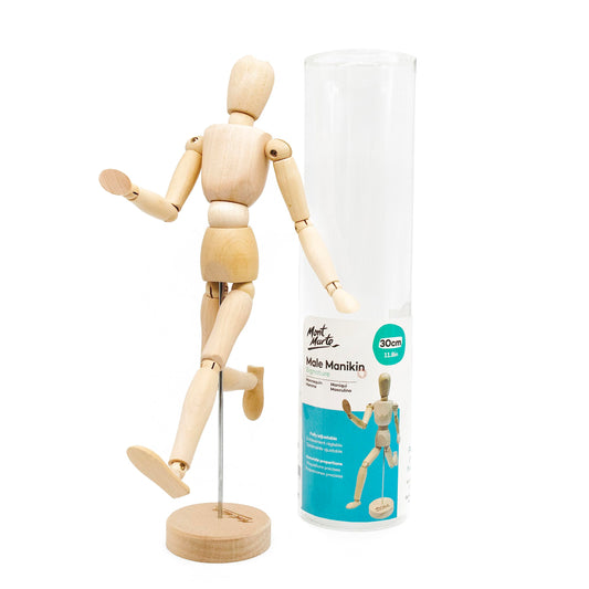 Mont Marte Manikin Male 30cm - Body Doll, Wooden Puppet - Flexible Mannequin as a Model for Drawing - Ideal Painting and Drawing Aid