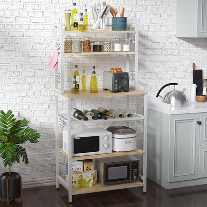 YMYNY Kitchen Baker's Rack, Microwave Oven Stand with Storage Shelves, Industrial Coffee Bar Station, with Adjustable Wine Holders and 12 S-Hooks