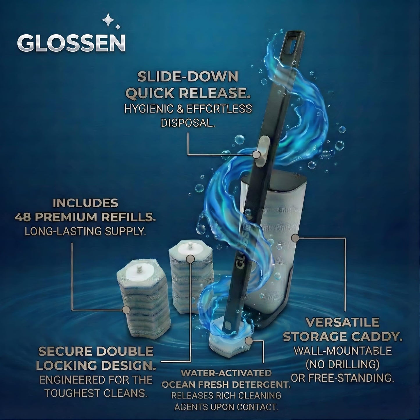 GLOSSEN Disposable Toilet Brush with 48 Refills, Wall Mounted Holder, Hygienic Toilet Cleaner Brush, Under Rim WC Cleaning System, Limescale Remover