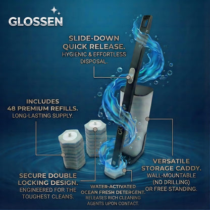 GLOSSEN Disposable Toilet Brush with 48 Refills, Wall Mounted Holder, Hygienic Toilet Cleaner Brush, Under Rim WC Cleaning System, Limescale Remover