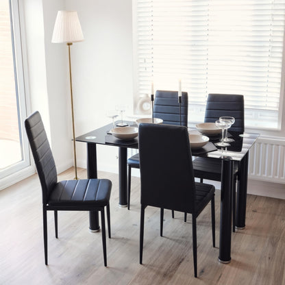 Bravich Dining Table and Chairs Set of 4, Black Tempered Glass 4 Seater Dining Table with High Back PU Leather Chairs