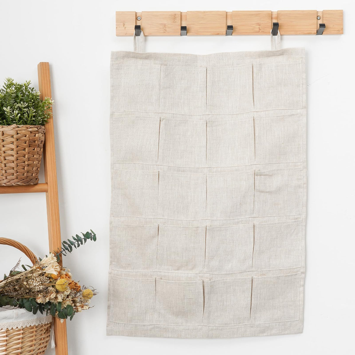 HSOFTIFY 100% Pure Linen Hanging Storage Bags with 20 Pockets, Linen