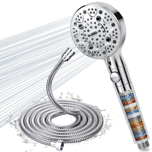 Filter Shower Head and Hose 2M, 15 Stage Filtered High Pressure Shower Heads with 9 Spray Jet Modes, Water Softener Showerhead with Stop Button,