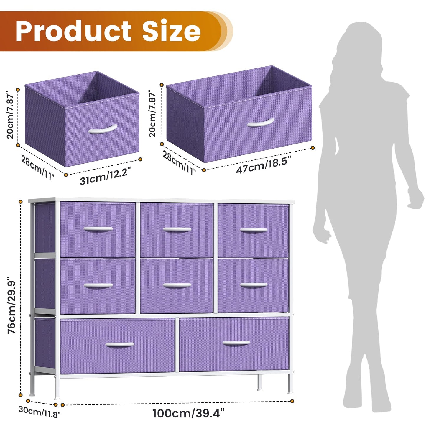 Feonase Chest of Drawers, Bedroom Dresser with 8 Fabric Drawers, Metal Frame & MDF Wood Top, Adjustable Feet, Storage Organizer Unit for Bedroom