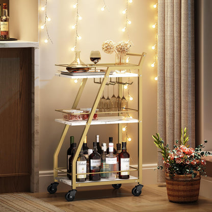 YATINEY Bar Cart, Drinks Trolley with Glass Holder, Serving Trolley on Wheels, Small Gold Bar Cart, Drinks Cart for Bar, Kitchen, Dining