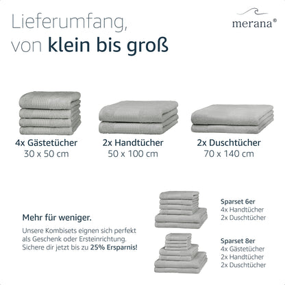 Merana Hand Towel Set, Absorbent, Soft and Lint Terry Towel Quality Made of Heavy Organic Cotton 590 GSM (Dolphin Grey, 4 x Guest Towels (30 x 50 cm)
