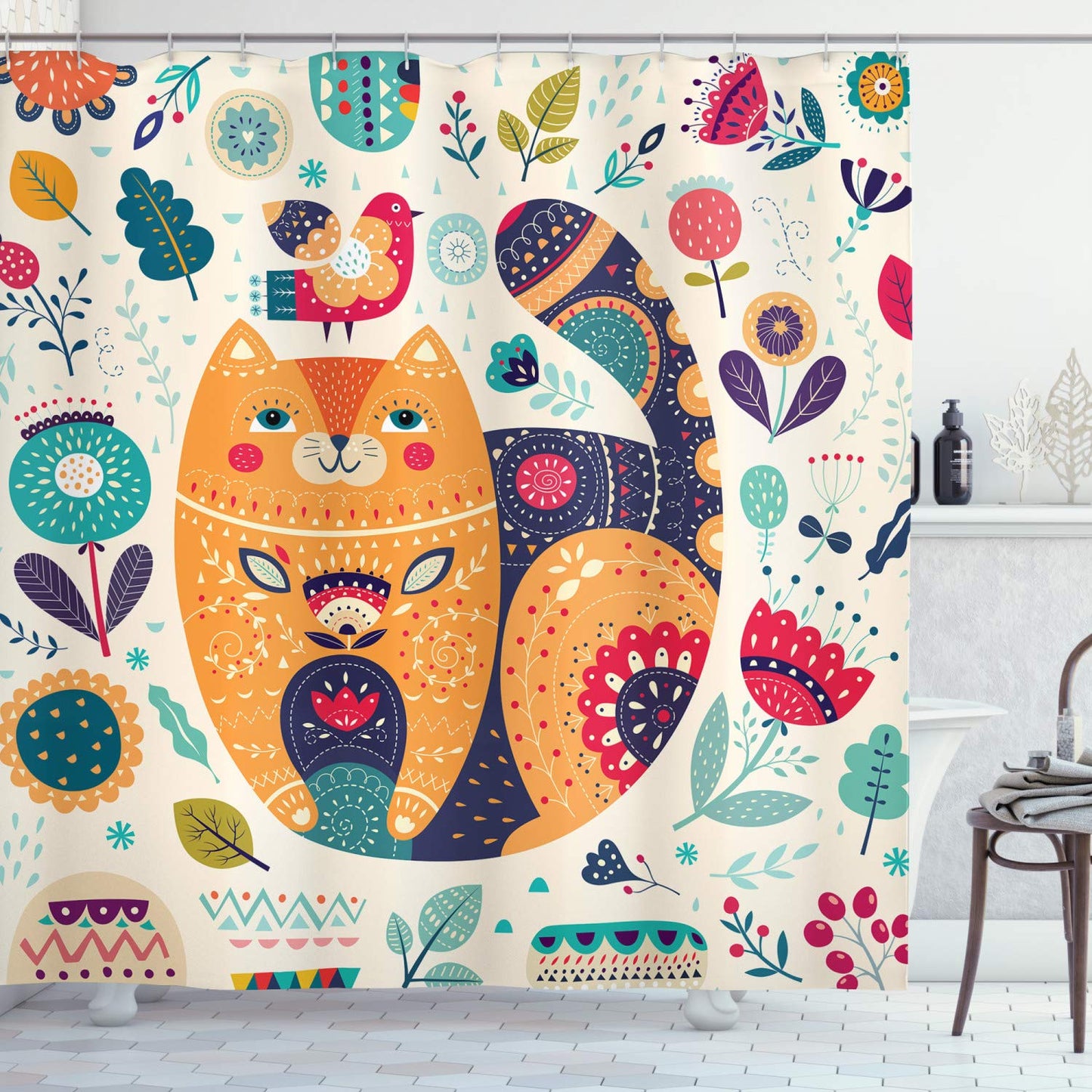 ABAKUHAUS Paisley Shower Curtain, Little Smiling Cheek Cat Animal Various Oriental Leaf Flower Artwork, Cloth Fabric Bathroom Decor Set with Hooks, 70