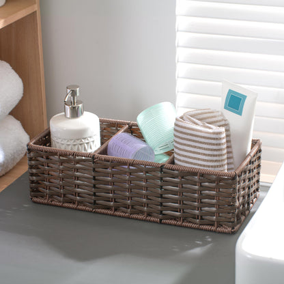 myHomeBody Wicker Basket With 3 Compartments, Bathroom Caddy, Dark Walnut