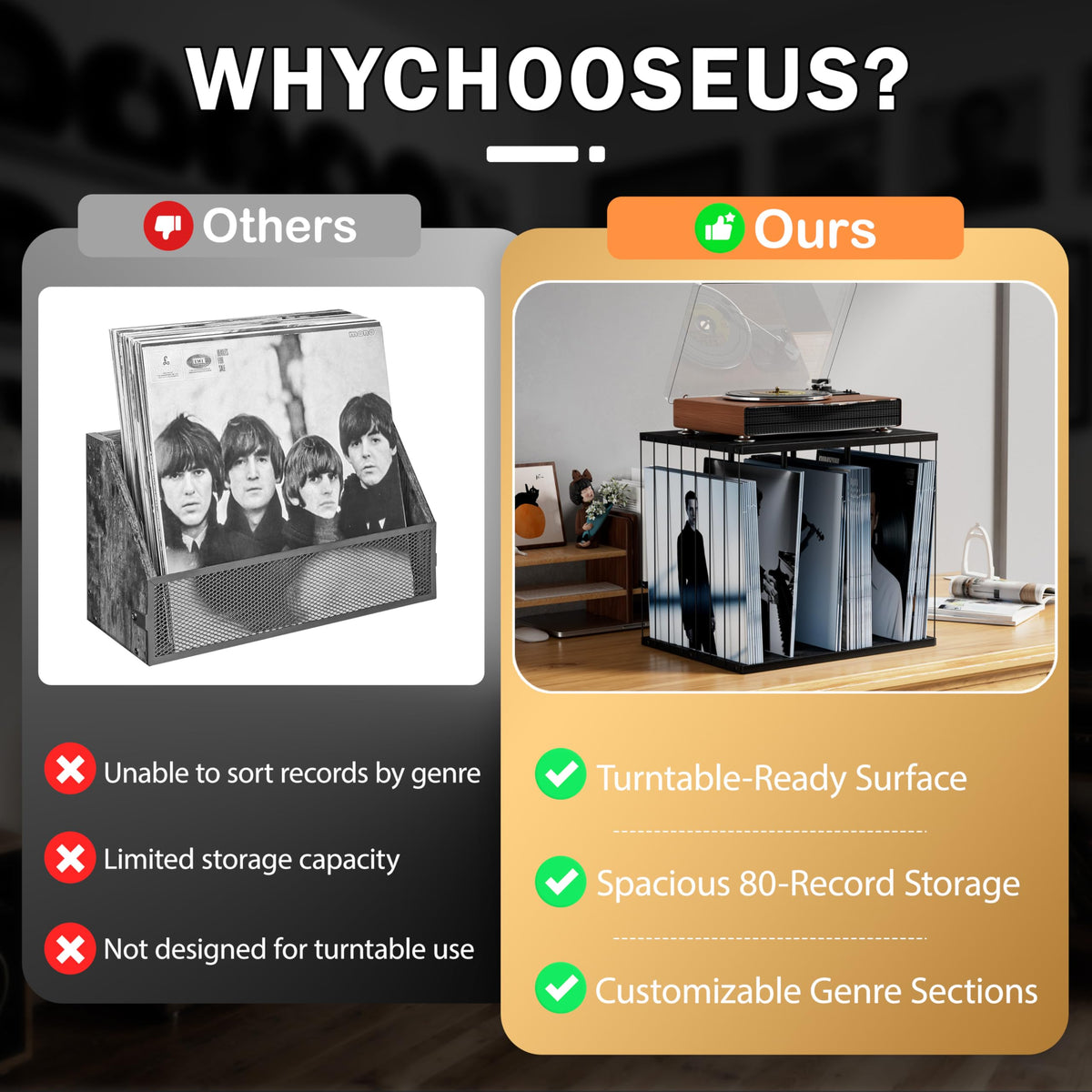 Emfogoo Vinyl Record Storage, Metal & Wooden Vinyl Record Holder Up to 80 LP Albums, 3-Compartment Record Player Stand for Magazine, Book, Files