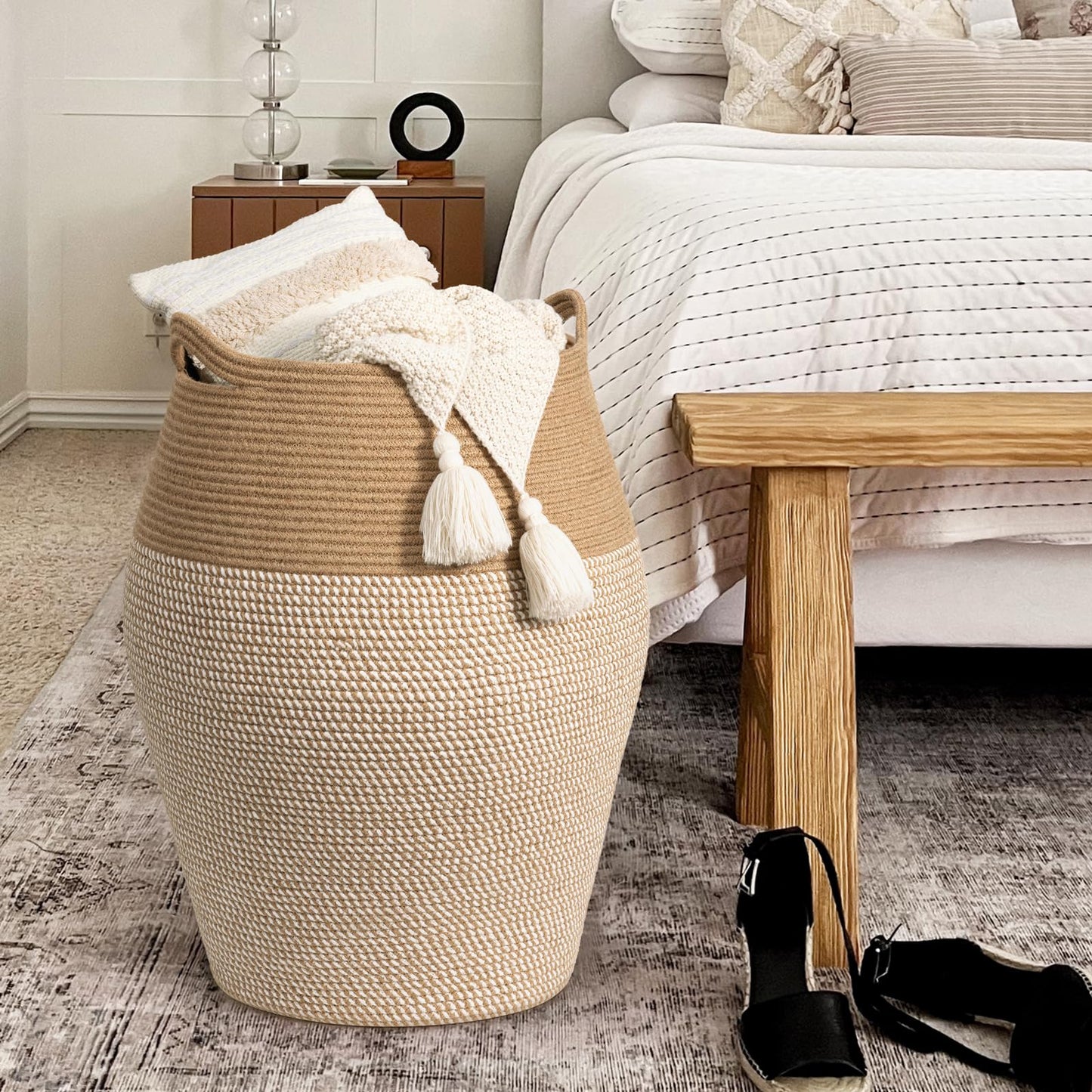 Laundry Hamper Tall Woven Cotton Rope Laundry Basket Dirty Clothes Hamper Kids Curve Laundry Basket Large in Bathroom Laundry Room for Dirty Clothes