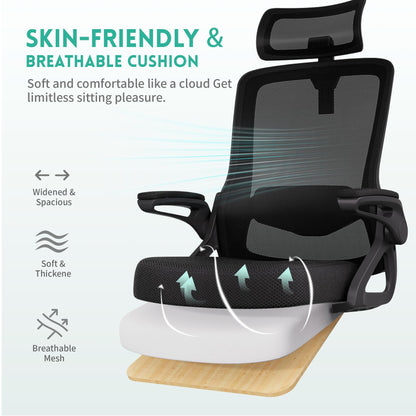 Ergonomic Office Chair, S-Shaped Mesh Desk Chairs, Adjustable Headrest & Lumbar Support, 90°Flip-Up Armrest
