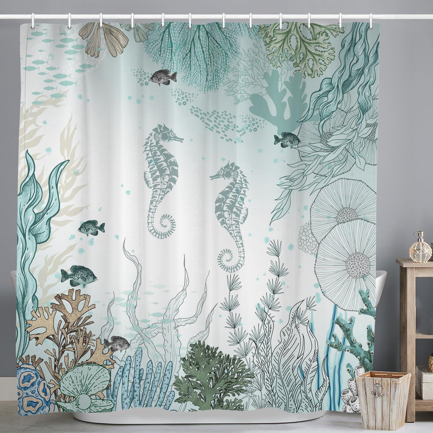 ASDCXZ Maritim Shower Curtain 180x200 cm, Blue Marine Animals Hippocampus Fish Coral Maritime Nautical Washable Shower Curtains Polyester Textile