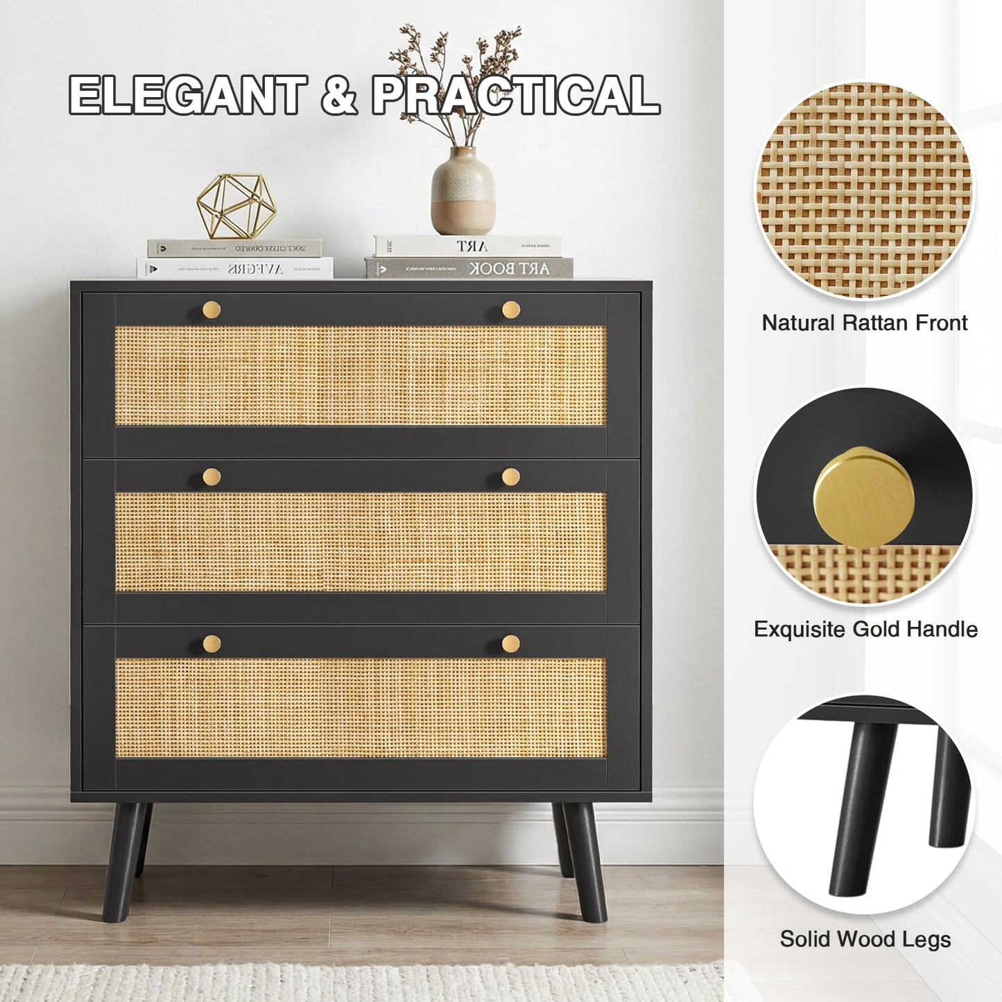 Skokliz Chest of Drawers with 3 Drawers, Modern Wooden Storage Organizer Unit, Wide Chest of Drawers for Closet, Clothes, Kids, Baby, TV Stand