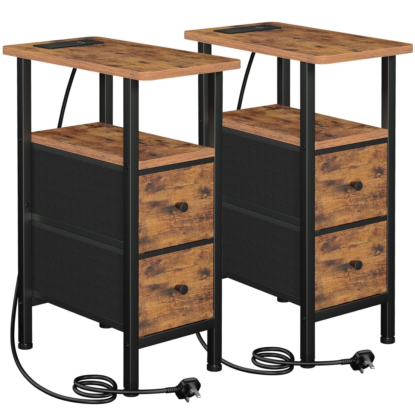 LOAKEKEL Slim Bedside Table Set of 2 with Charging Station, Narrow Side Table with 2 Fabric Drawers, End Table with Open Storage Shelf, Nightstand for