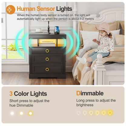 Gurexl LED Bedside Table with Gun Drawer, Charging Bedside Table with USB & Type-C Port, Human Sensor Light