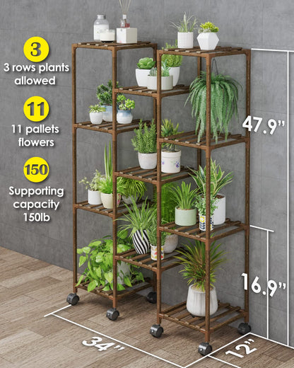 Bamworld Plant Stand With Wheels Indoor Outdoor Wood Plants Shelf for Multiple Plants 11 Pots Tall Large Flower Holder for Living Room Patio Balcony