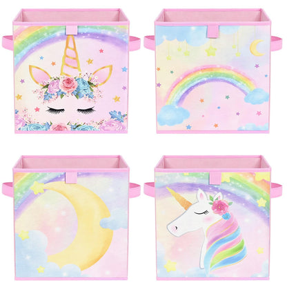 WERNNSAI Unicorn-Themed Storage Bins, Pink, Fabric & Cardboard, 11" x 11" x 11", 4 Pack