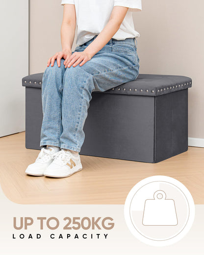 Bonlife Velvet Ottoman with Storage,Large Storage Boxes with Lids,Folding Ottoman Bench Seat,Footstool for Living Room,76x38x38cm,Grey