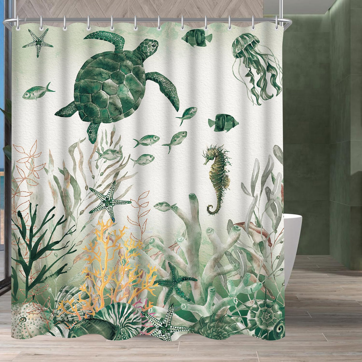 Lerores Shower Curtain 160 x 160 cm, Sea Turtle Anti-Mould Textile, Weighted Hem, Water-Repellent