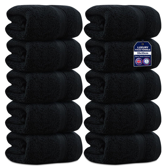 Towelogy Pack Of 10 Face Cloths 33x33cm - 100% Zero Twist Cotton Washcloths Absorbent & Super Soft Hotel Quality Towels | Oeko-Tex Certified (10, Noir