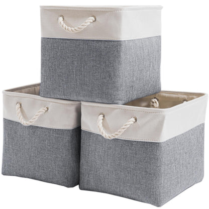 Mangata Canvas Storage Boxes, 28x28x28cm Fabric Storage Baskets for Shelves Organizing Clothes Nursery Home (Cold Grey&White, Set of 3)