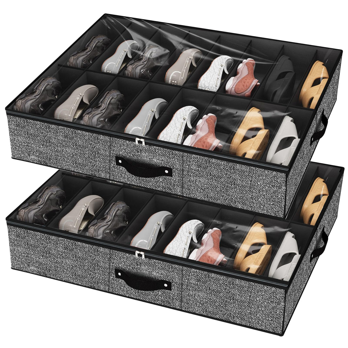 VERONLY 32 Pairs Shoe Storage Box, Under Bed Storage Organiser, Organizador De Zapatos, Extra Large Zapateras Organiser, Black, Set of 2