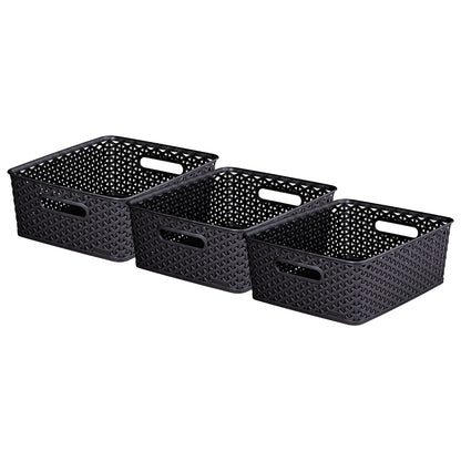 Curver My Style Rattan Effect Set of 3 Kitchen, Living room, Bathroom, Bedroom, Utility Medium Rectangular Storage Baskets 12 Litres - Anthracite