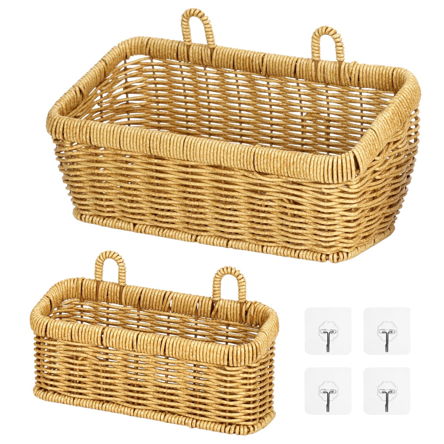 2 Pcs Wall Hanging Basket Set, Rattan Storage Basket with Hooks,2 sizes for kitchen bathroom garden