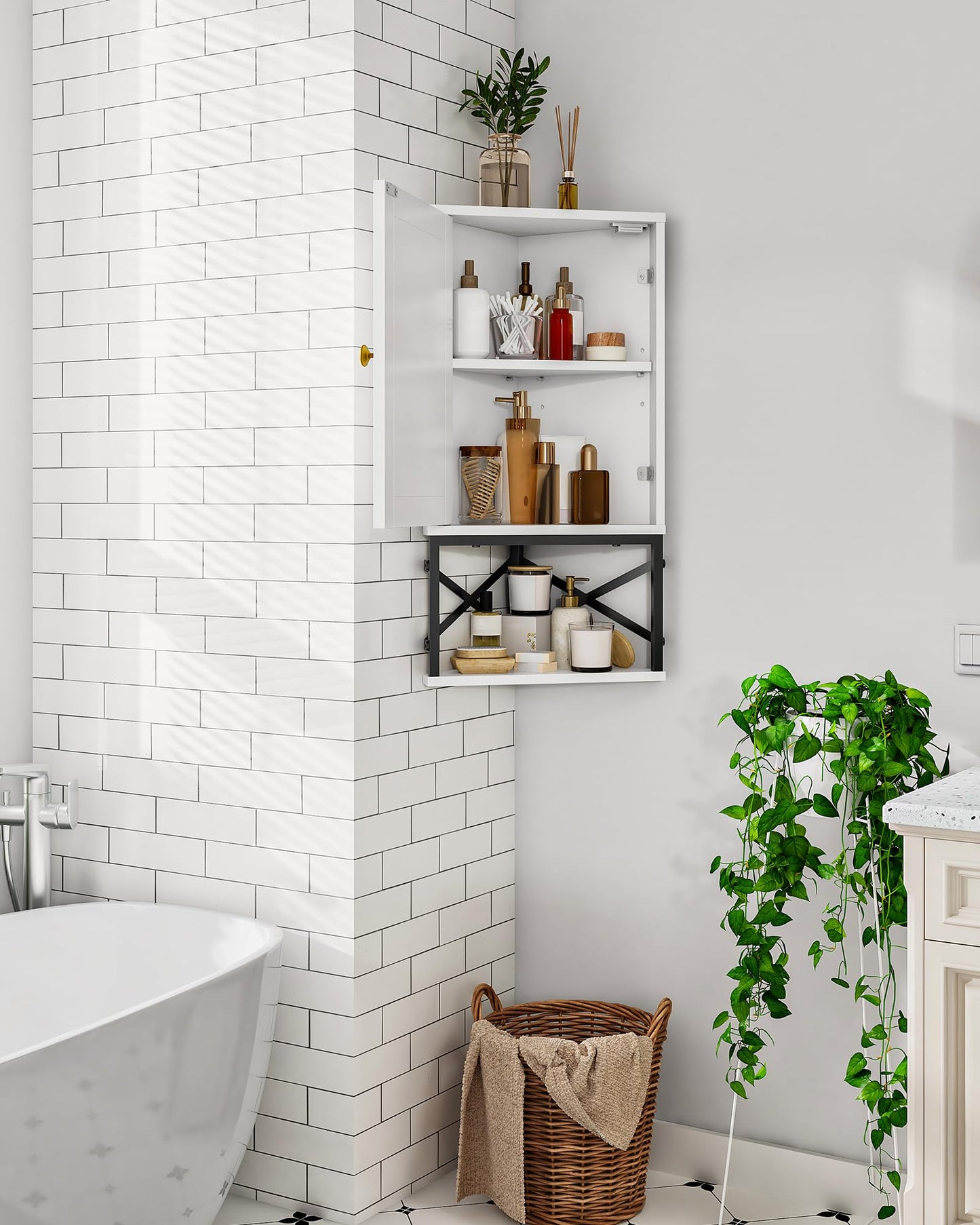 CHOEZON Bathroom Wall Cabinet, Corner Medicine Cabinet, Wall Mount Corner Cabinet for Bathroom with Open Shelf and Adjustable Shelf, Space-Saving
