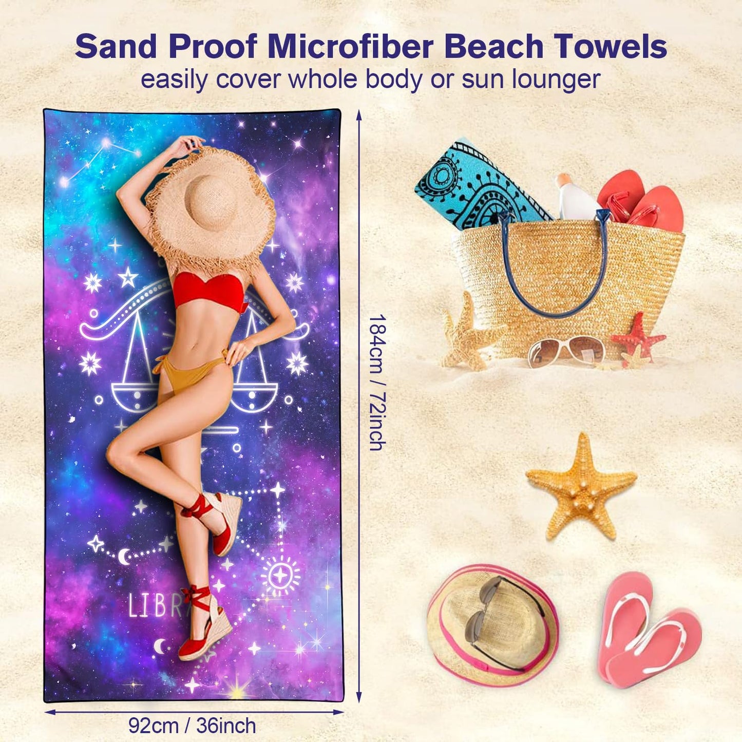 Violetpos Libra Zodiac Sign Beach Towel for Astrology Fans, Extra Large 180x90 cm 250GSM Microfibre, Sand Free Quick Dry