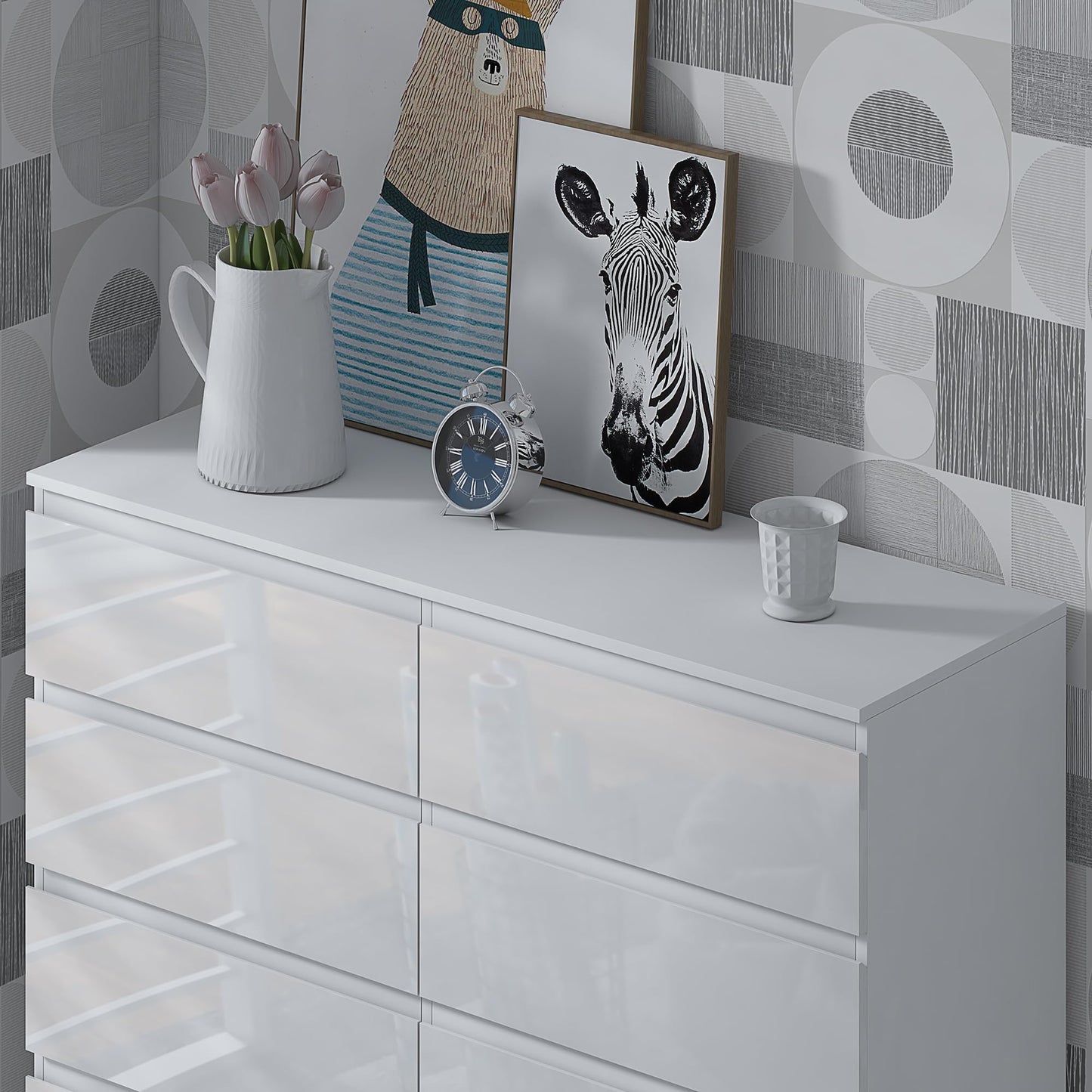 FWStyle White Gloss 8 Drawer Chest of Drawers with Matt White Frame, Scandinavian Handleless Bedroom Storage Furniture with Deep Drawers and Metal
