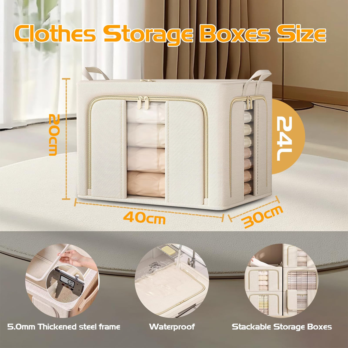 Clothes Storage Boxes with Lid,Upgraded 5.0mm Steel Frame Waterproof Fabric,3-Way Double Zipper Openings & 2 Clear Windows,Better Foldable Storage