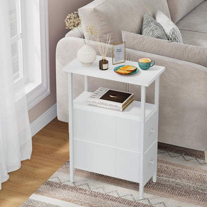 YMYNY Narrow Side Table Set of 2, Slim Bedside Table with 2 Fabric Drawers, Nightstand for Small Spaces