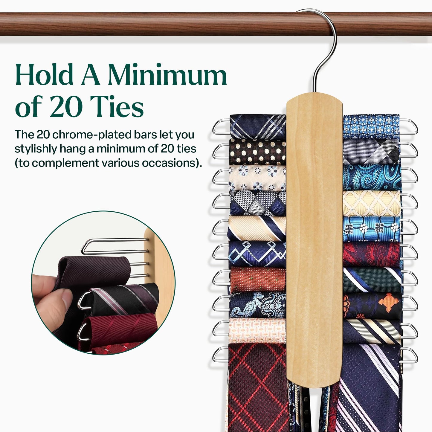Tie Hanger Wooden Hangers Wardrobe Tie Organiser - Stylish Hanging Storage Rack With 20 Chrome Bars With Swivel Hook for Tie, Belt