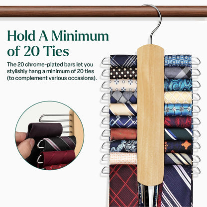 Tie Hanger Wooden Hangers Wardrobe Tie Organiser - Stylish Hanging Storage Rack With 20 Chrome Bars With Swivel Hook for Tie, Belt