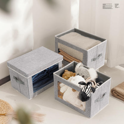 Homsorout 4 Pack Storage Boxes with Lids Foldable Storage Cubes with Transparent Window Fabric Storage Organiser Box for Toys, Clothes, Books