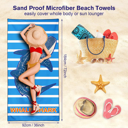 Violetpos Blue Stripe Whale Shark Beach Towel, Extra Large 180x90 cm 250GSM Microfibre, Sand Free Quick Dry
